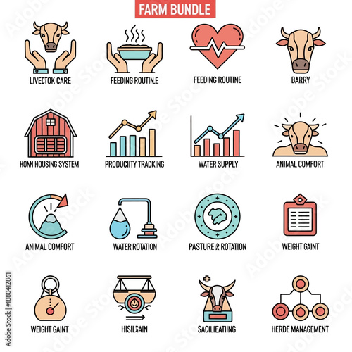 Farm Bundle Icons Representing Livestock Management.