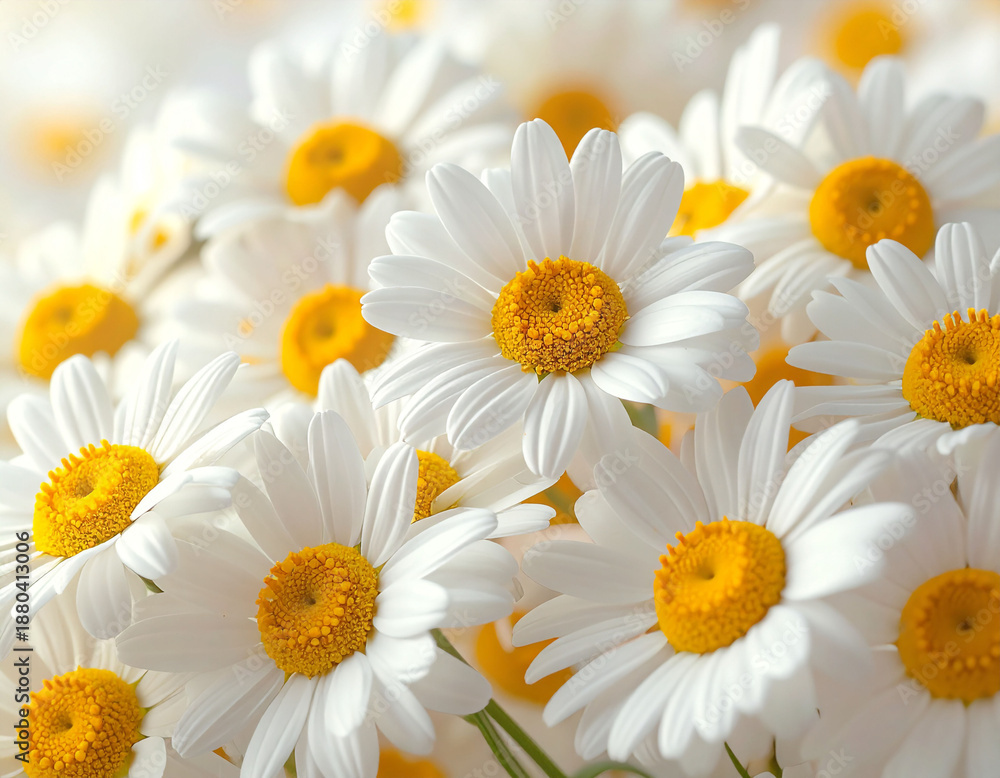 Fototapeta premium A realistic close-up shot of fresh chamomile flowers featuring vibrant white petals and bright yellow centers. This beautiful floral pattern creates a calming and natural background. Ideal for beauty 