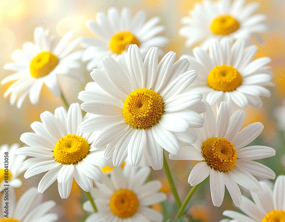Fototapeta premium A realistic close-up shot of fresh chamomile flowers featuring vibrant white petals and bright yellow centers. This beautiful floral pattern creates a calming and natural background. Ideal for beauty