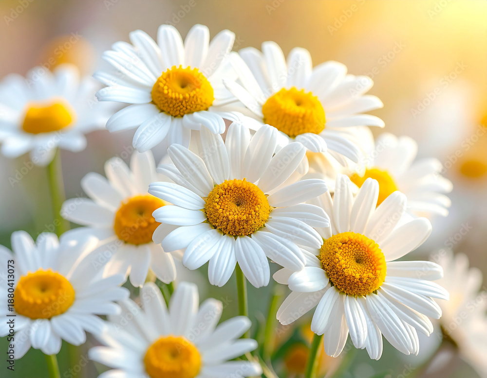 Fototapeta premium A realistic close-up shot of fresh chamomile flowers featuring vibrant white petals and bright yellow centers. This beautiful floral pattern creates a calming and natural background. Ideal for beauty 