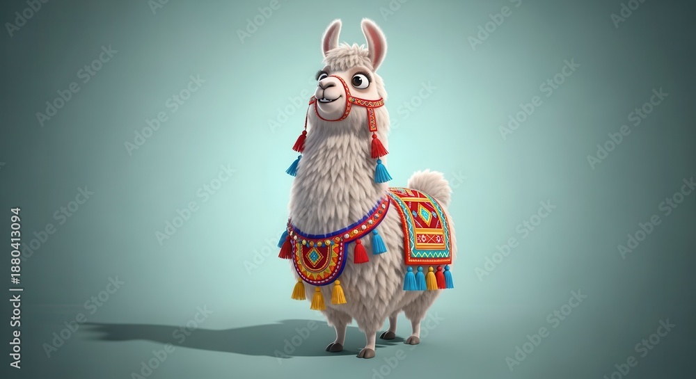 Fototapeta premium Adorable cartoon alpaca character wearing colorful festive decorative harness stands against a soft background