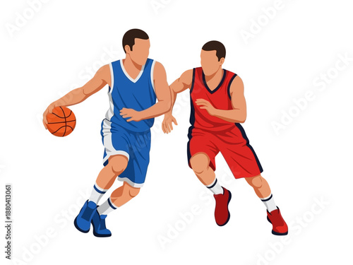 Flat vector illustration of two basketball players in action