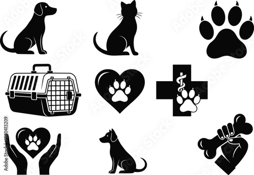 Collection of black pet icons featuring dog cat silhouettes paw prints pet carrier heart and veterinary medical symbols for animal care