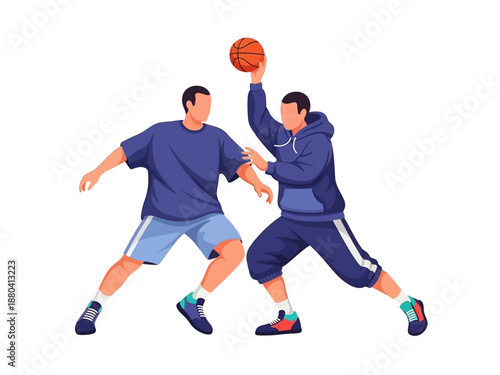 Flat vector illustration of two basketball players in action