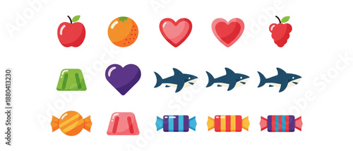 Colorful chewy candy vector set with fruit heart shark and striped gummy sweets isolated on white background