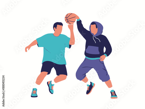 Flat vector illustration of two basketball players in action