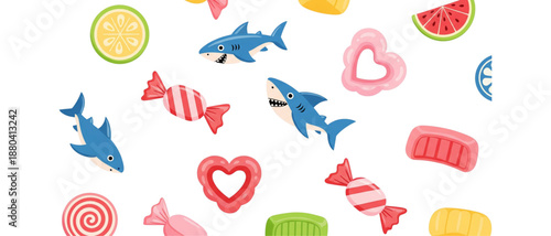 Playful gummy candy vector illustration with fruit hearts sharks and striped sweets for kids designs