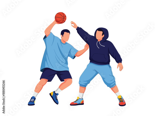 Flat vector illustration of two basketball players in action