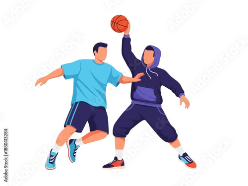 Flat vector illustration of two basketball players in action