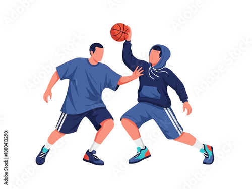 Flat vector illustration of two basketball players in action