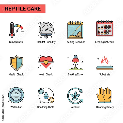 Reptile Care Icons Set with Various Symbols.