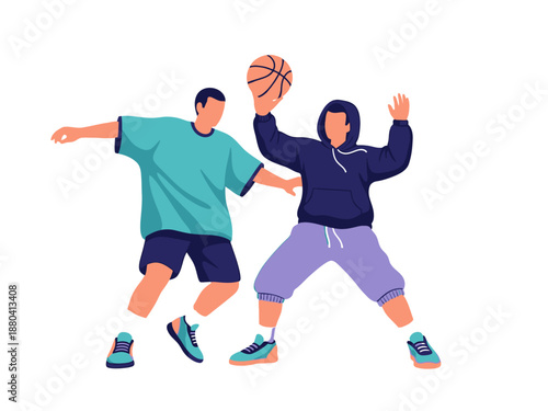 Flat vector illustration of two basketball players in action