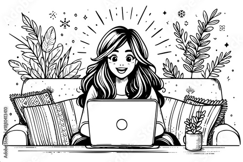 Cheerful young woman sitting on a sofa with a laptop. Clean black and white minimalist vector illustration, lifestyle concept for cleaning hauls, blogging, and remote work.
