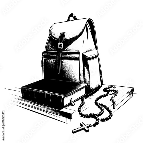 Vintage-style vector illustration of a student backpack with a rosary and books. Concept of religious study, theological education, and spiritual journey in detailed line art.