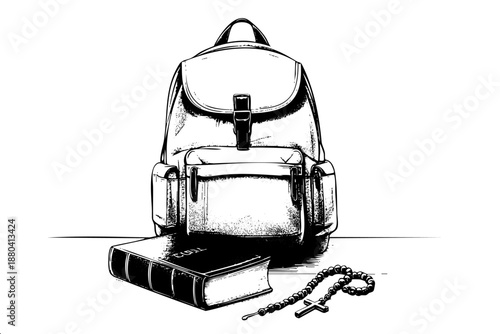 Clean black and white vector illustration of a student backpack, a sacred book, and rosary beads with a cross. Concept of religious education and spiritual growth in line art.