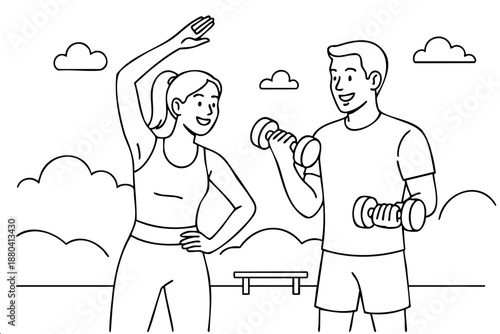 Minimalist vector illustration of a man and woman doing dumbbell workouts in a park. Clean black and white line art depicting healthy lifestyle, outdoor fitness, and teamwork.