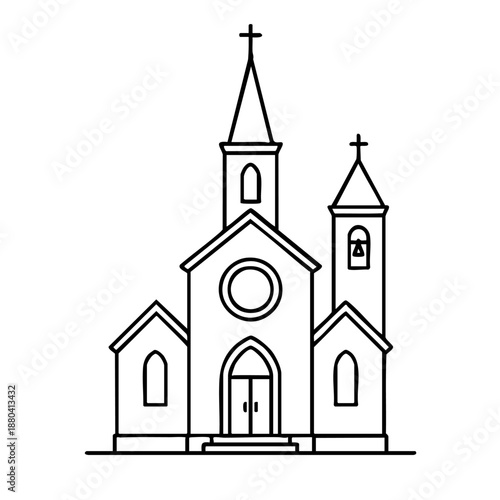 Simple black and white vector sketch of a traditional church with a steeple and crosses. Minimalist architectural line art isolated on white background for religious or wedding design.