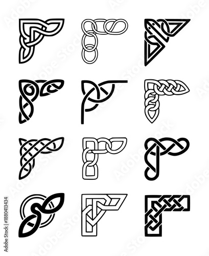 Collection of black celtic knot corner ornaments a white background border