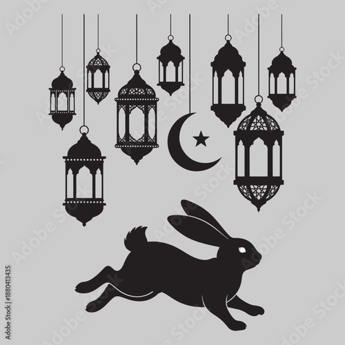 Rabbit and Hanging Lanterns Silhouette, Islamic Festive Vector Art and Illustration