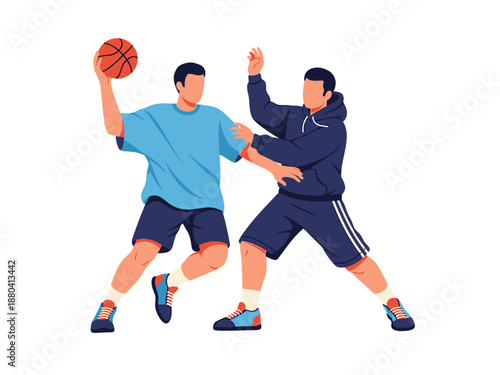 Flat vector illustration of two basketball players in action