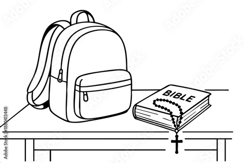 Clean black and white vector illustration of a simple student backpack and a Bible with a rosary cross. Concept of religious schooling, theology, and spiritual faith.