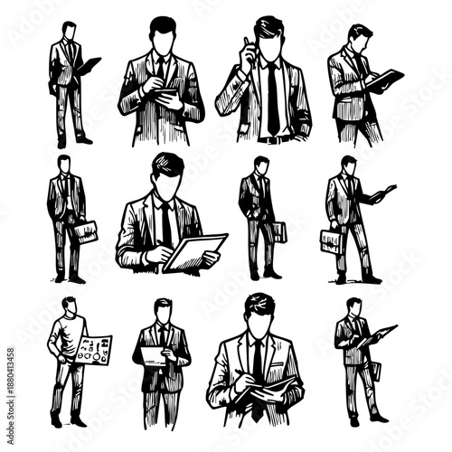 Detailed vector set of businessmen walking, talking on the phone, and working on tablets. Concept of modern corporate lifestyle, time management, and professional productivity.