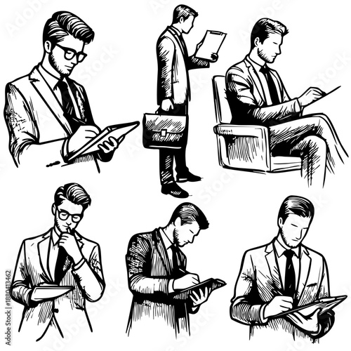 Detailed vector collection of businessmen in suits. Characters thinking, writing, sitting in office chair, and carrying a briefcase. Professional corporate lifestyle line art.