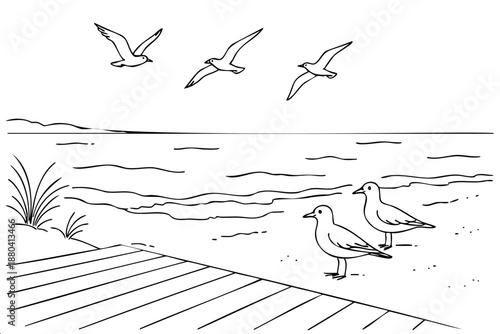 Minimalist vector illustration of a peaceful beach with seagulls flying and sitting on the sand near a wooden boardwalk. Clean black and white line art for travel and nature themes.
