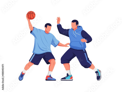 Flat vector illustration of two basketball players in action