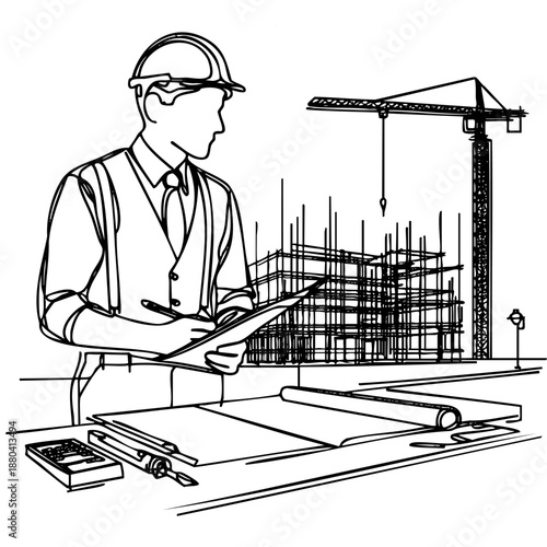 Vector line art of an engineer working on blueprints at a desk with a construction site and crane in the background. Concept of architectural planning and site supervision.