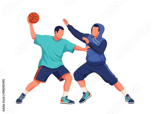 Flat vector illustration of two basketball players in action