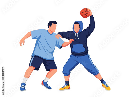 Flat vector illustration of two basketball players in action