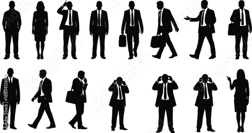 Collection of black professional business people silhouettes featuring diverse men and women in formal suits, standing, walking, and corporate poses.