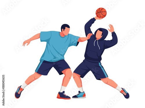 Flat vector illustration of two basketball players in action