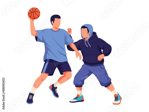 Flat vector illustration of two basketball players in action