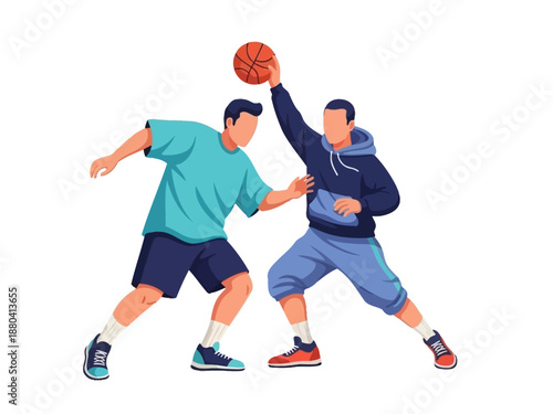 Flat vector illustration of two basketball players in action
