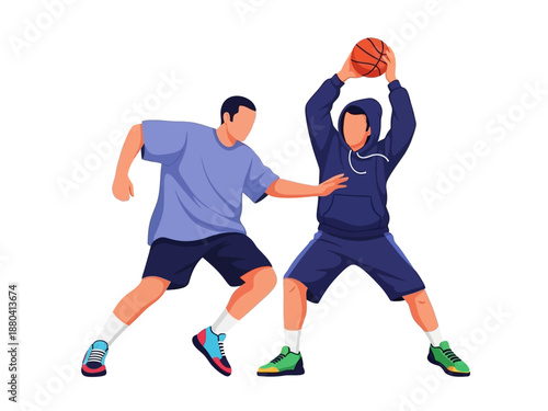 Flat vector illustration of two basketball players in action