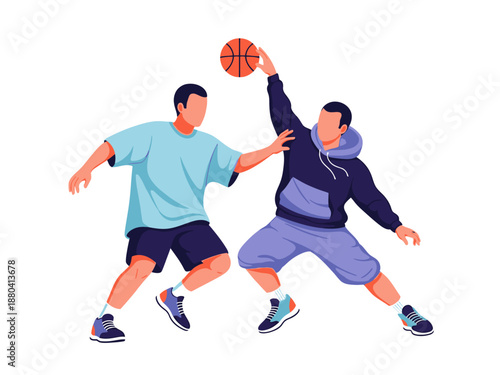 Flat vector illustration of two basketball players in action