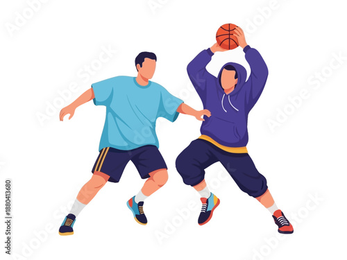Flat vector illustration of two basketball players in action