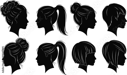 Collection of female profile silhouettes featuring various hairstyles, side view head shots, modern haircuts, buns, ponytails, and beauty salon styles.