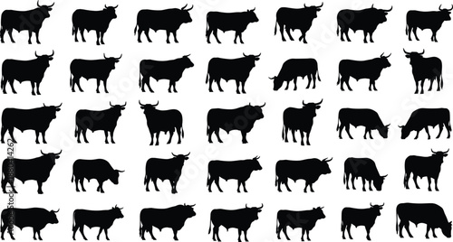 Collection, of, black, bull, silhouettes, featuring, various, cattle, poses, including, standing, grazing, and, walking, for, farm, agriculture, and, financial, market, design.