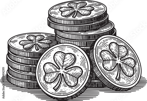 Stacks of coins featuring clover emblems, currency, and financial symbols in detailed illustration on a monetary theme