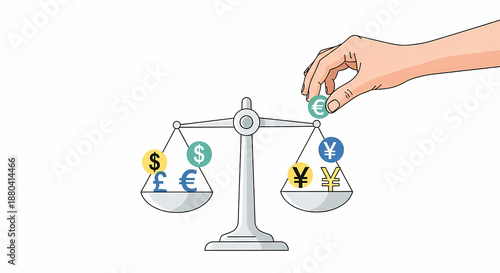 Currency exchange concept with hand balancing money on scales.