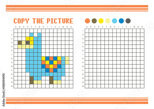 Copy the picture grid drawing worksheet for kids. Pixel art llama