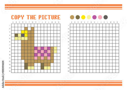 Copy the picture grid drawing worksheet for kids. Pixel art llama
