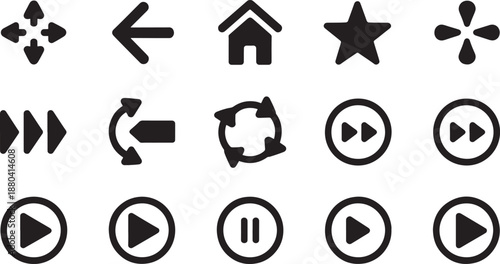 Black and white for media controls and actions play pause rewind fast forward desig