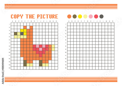 Copy the picture grid drawing worksheet for kids. Pixel art llama