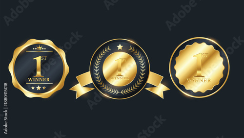 Set of golden award winner badges and emblems with laurels and ribbons on dark background