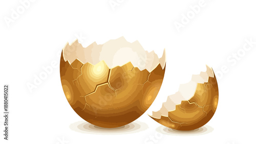 Two broken golden eggshells on a white background
