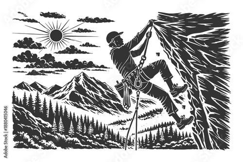 Mountain climber reaching summit, dynamic hand drawn vintage adventure landscape vector illustration